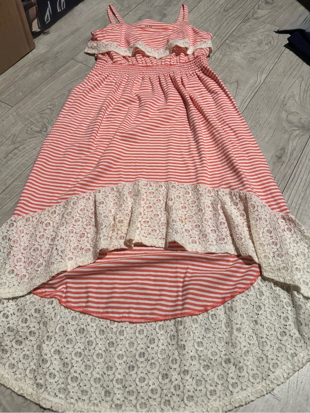 Roxy Coral Pink Striped High-Low Skirted Dress with Lace